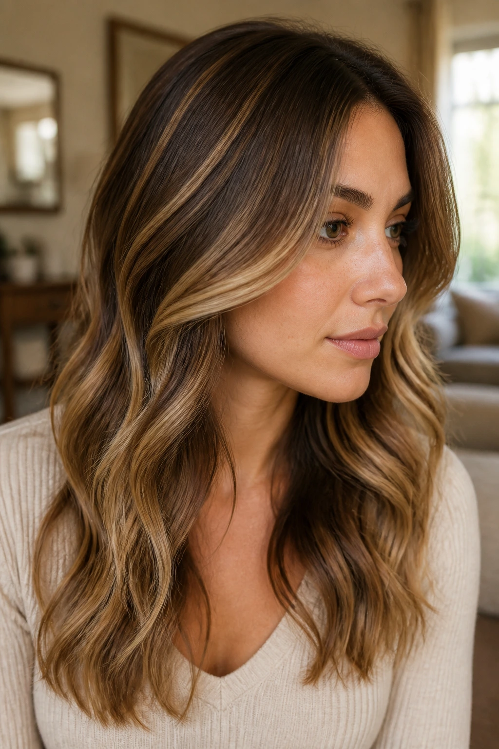 Close-up of caramel ribbon balayage on midlengths to ends