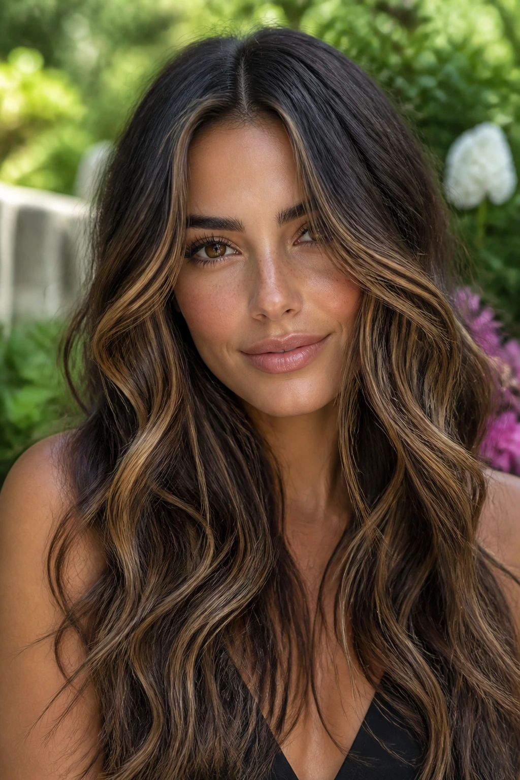 Close-up of a real person with caramel ribbons in loose dark waves, center part in natural daylight