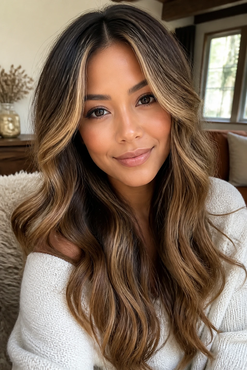Close-up portrait of a real woman with caramel balayage ribbons framing the cheekbones on body waves.