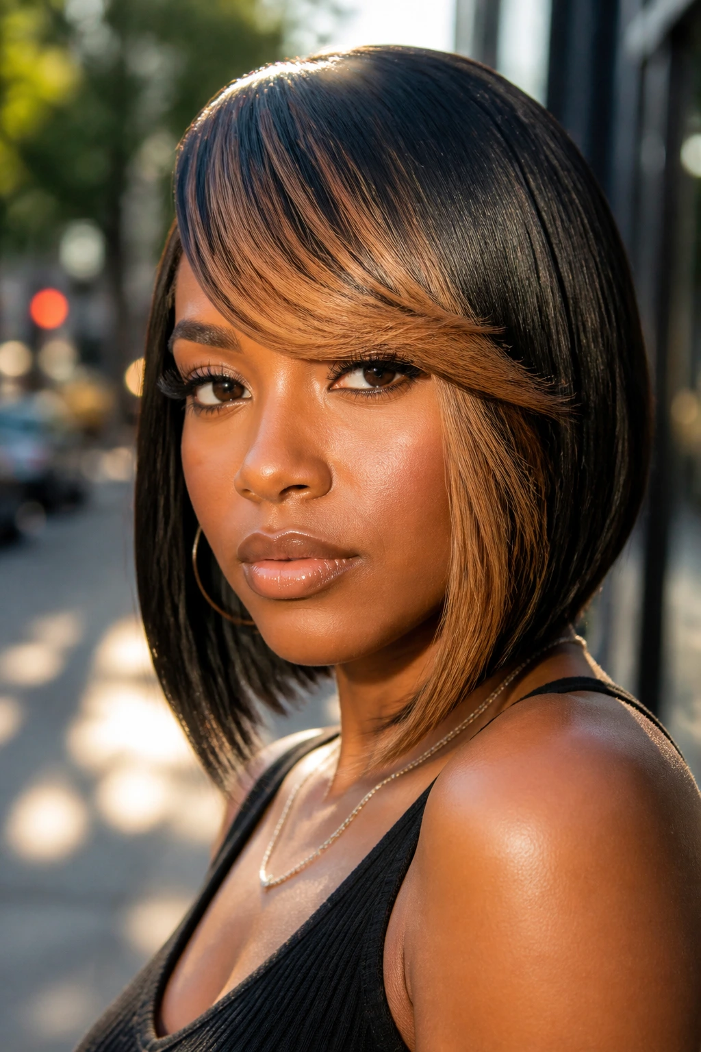 Close-up of a real woman with caramel color blocks in bangs