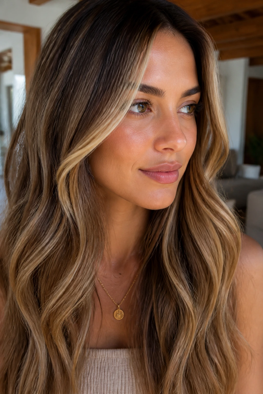 Portrait of a real woman with caramel brunette hair and small platinum flickers around the face