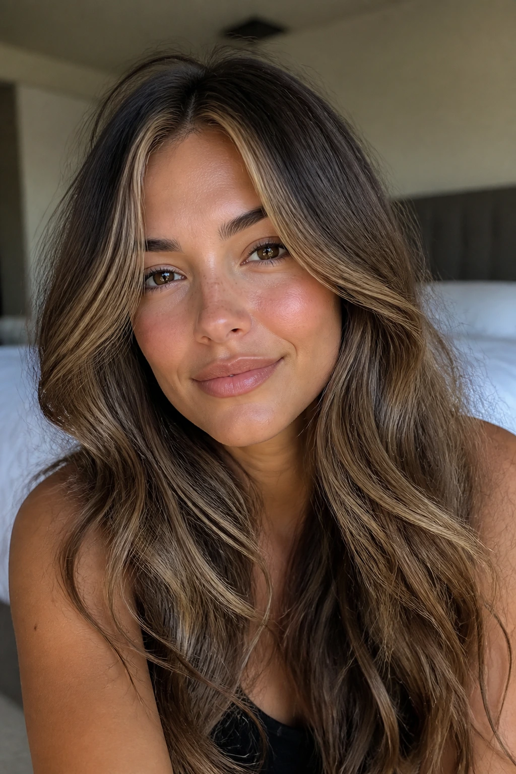 Close-up brunette with cool caramel beige hair in soft daylight