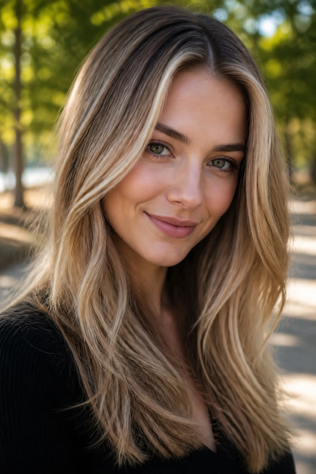 Close-up portrait of a real woman with cool caramel-beige hair blend