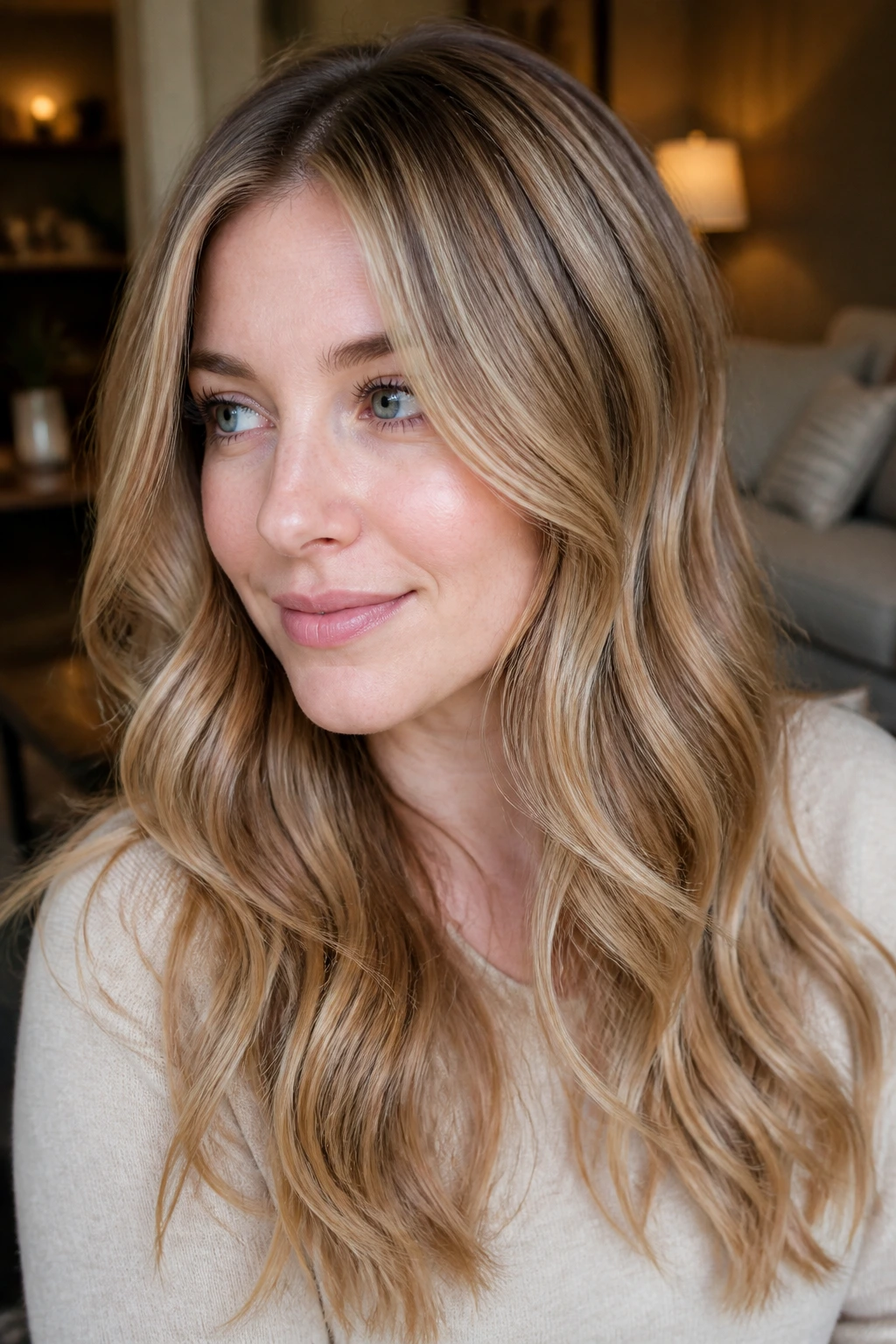 Close-up of hair with caramel highlights and beige lowlights on a light base