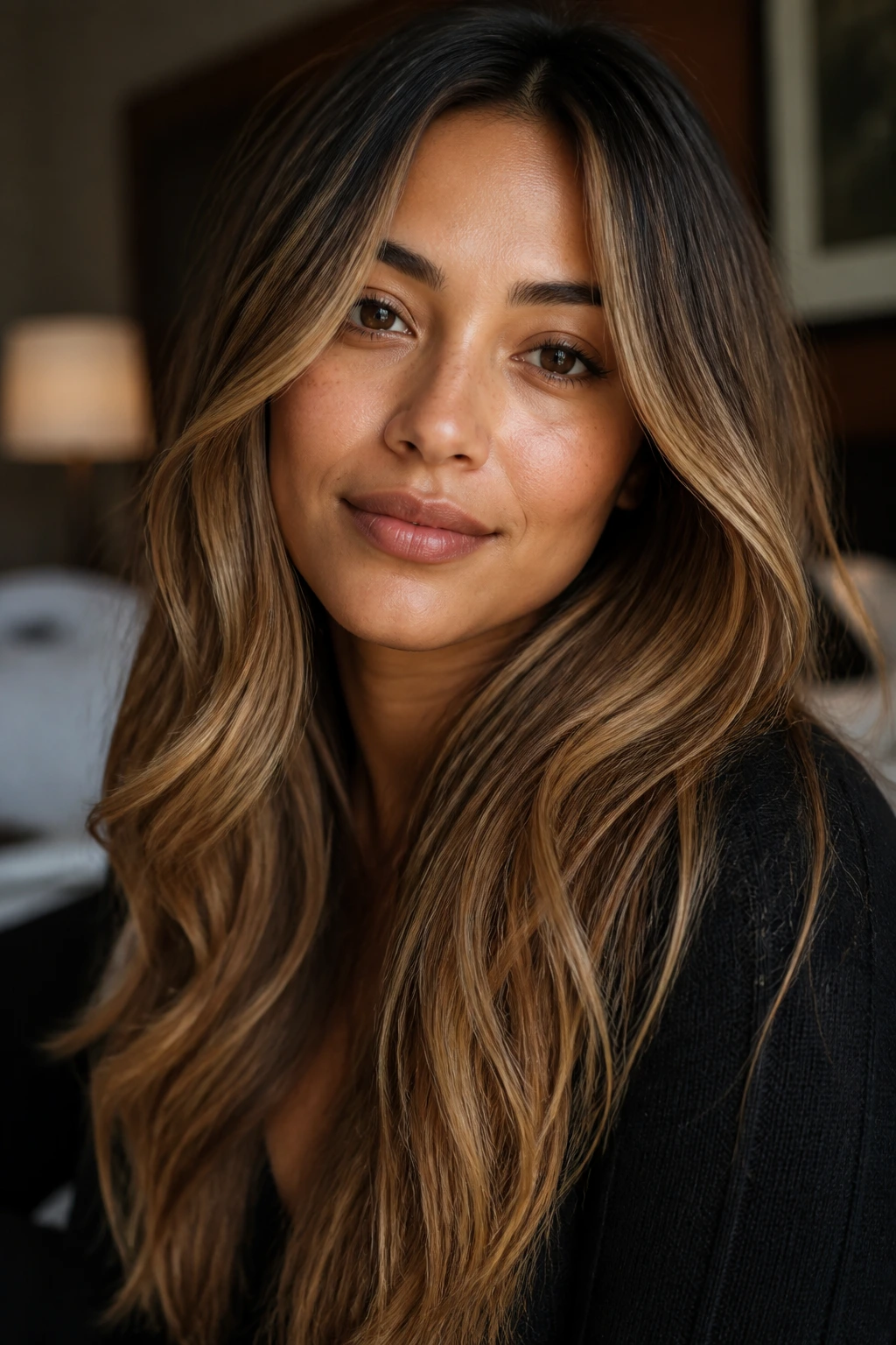 Close-up portrait of a woman with medium skin and caramel blonde balayage