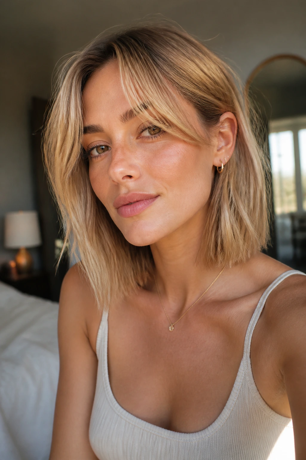 Close-up of a real woman with caramel blonde collarbone-length lob and curtain bangs