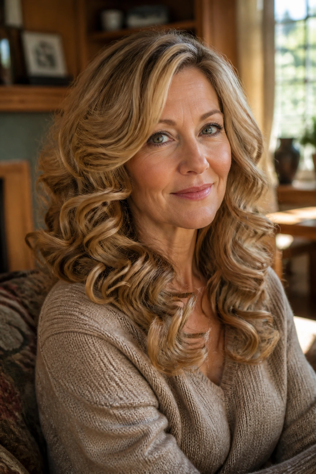 Close-up of a real woman with caramel blonde curls in warm indoor light.