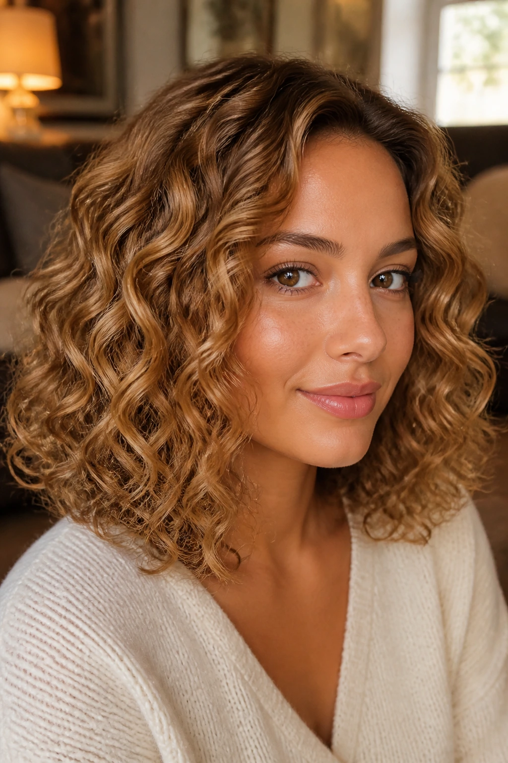 Portrait of person with shoulder-length caramel blonde curls