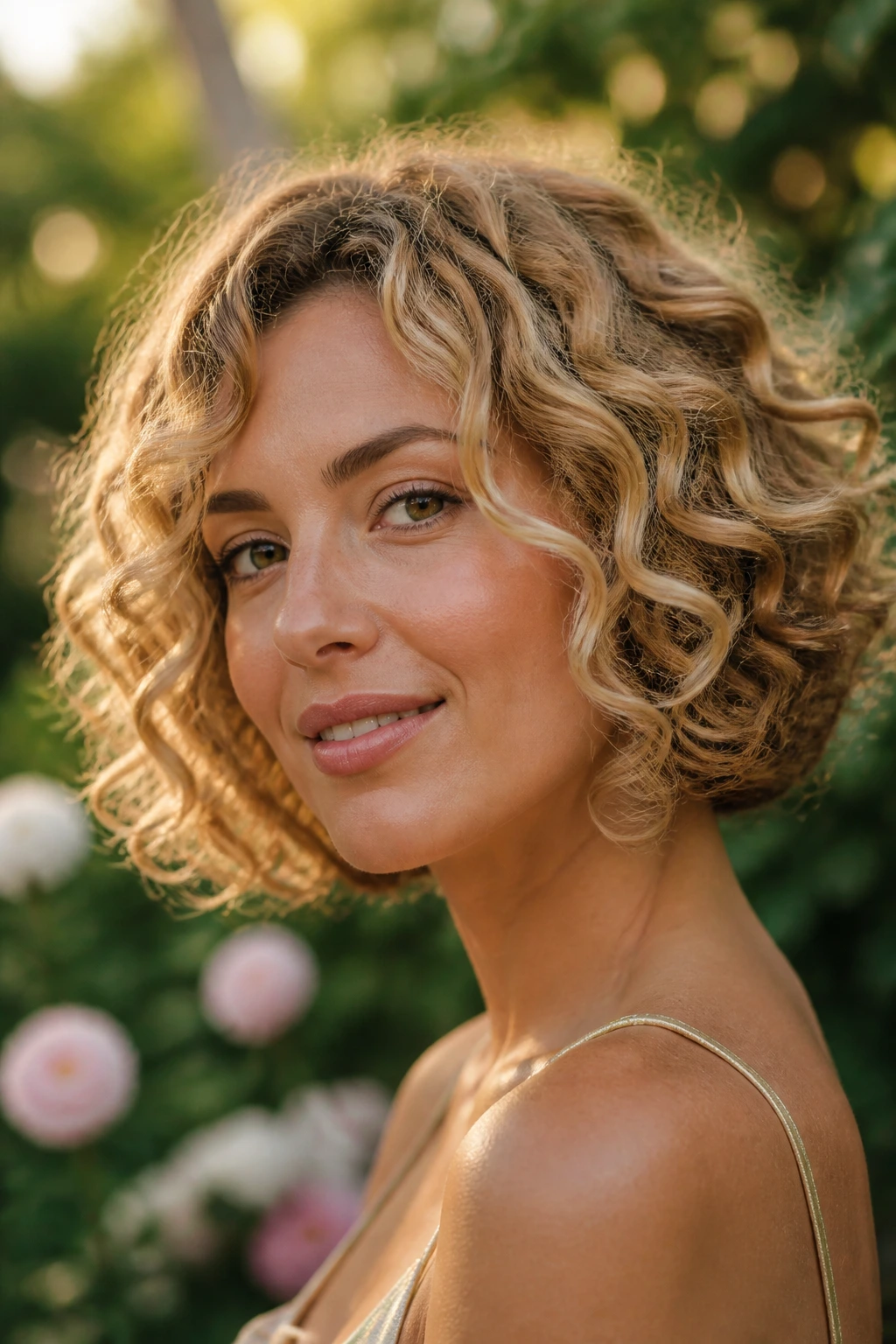 Close-up portrait of a real woman with caramel-gloss curly bob and face-hugging layers