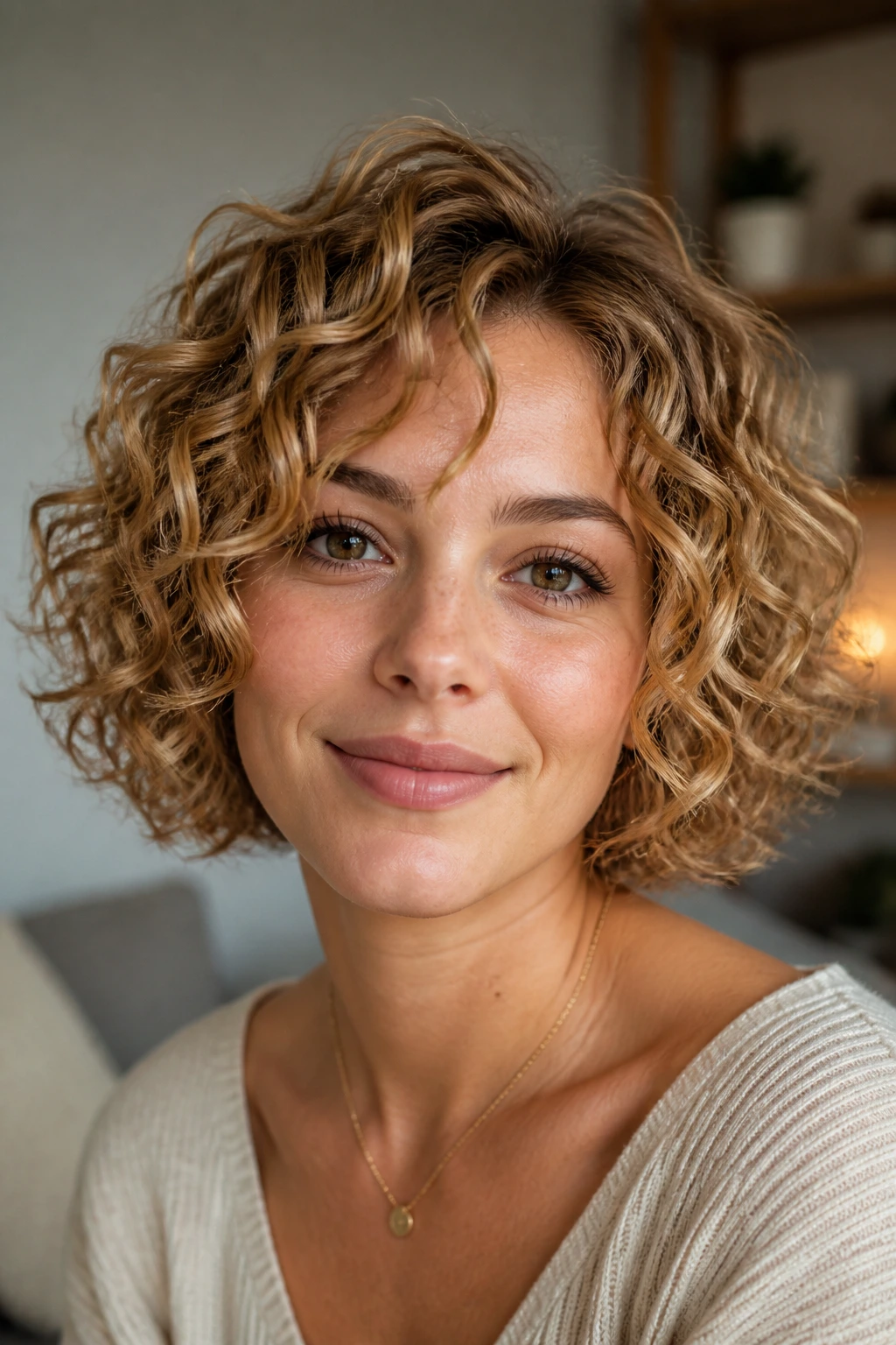 Real woman with caramel blonde curly bob in a soft living room