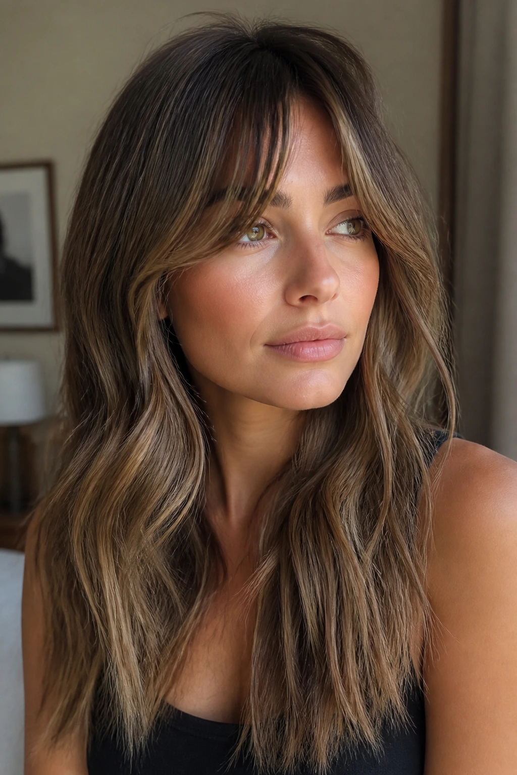 Close-up of a real woman's face with caramel blonde curtain bangs in warm window light.