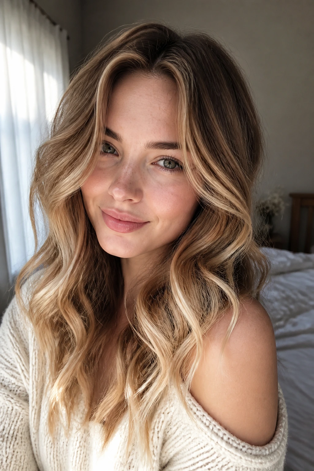 Close-up portrait of a real woman with caramel blonde hair and lightened ends
