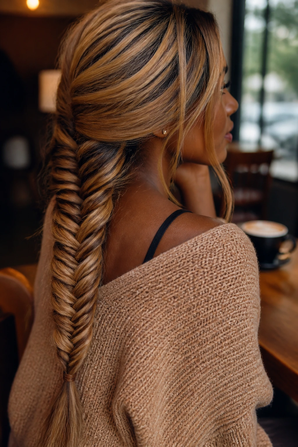 Real woman with caramel blonde fishtail braid filling the frame