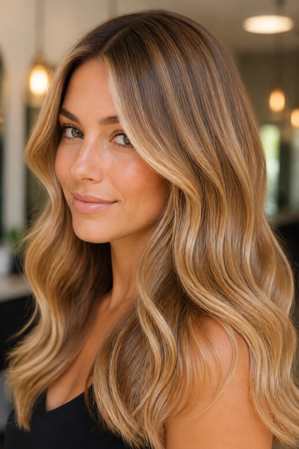 Portrait of a woman with glossy caramel buttercream blonde hair and warm roots