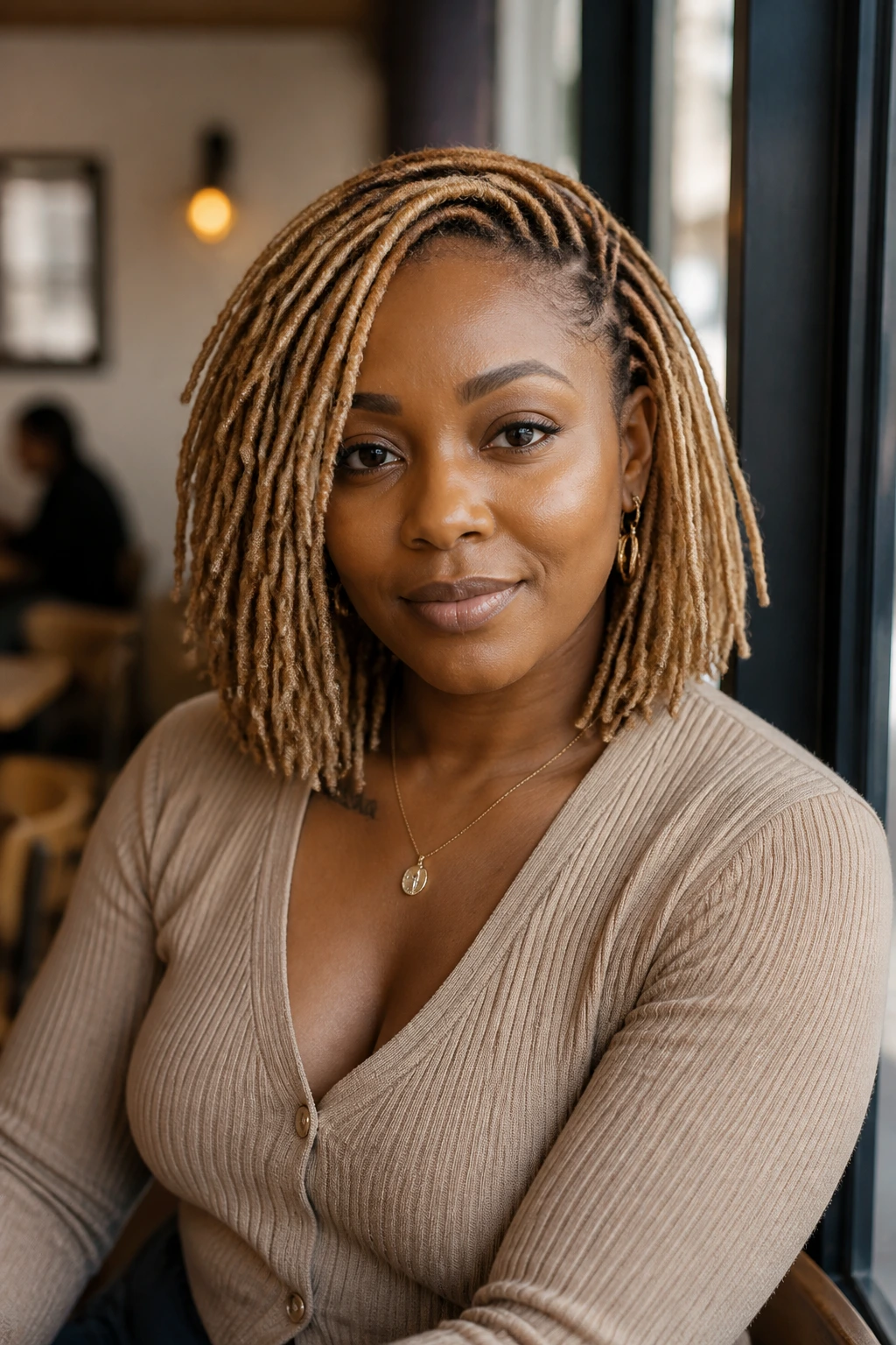 Medium close-up of a real woman with caramel blonde loc bob and side part