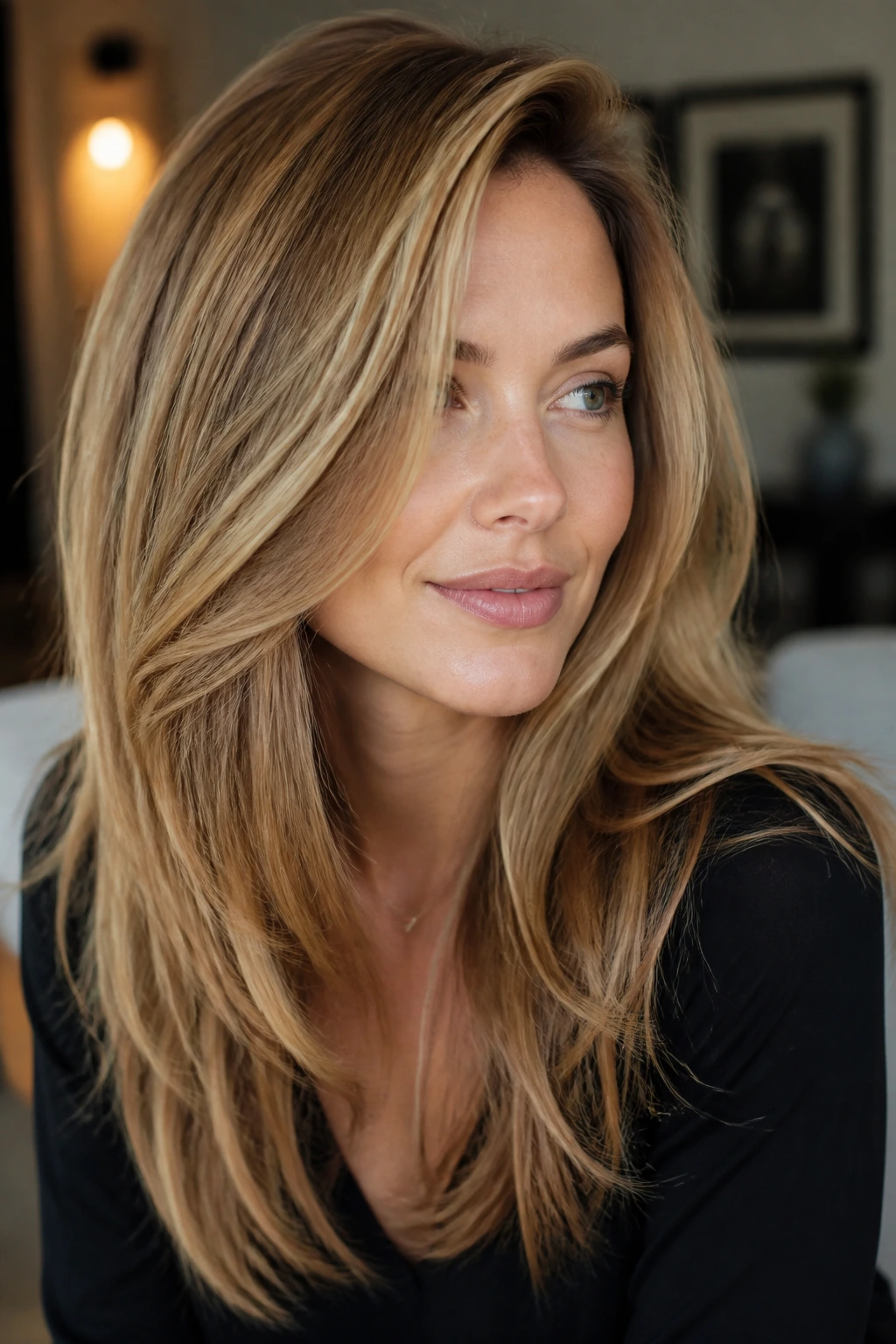 Portrait of a woman with caramel blonde side-parted long layers.