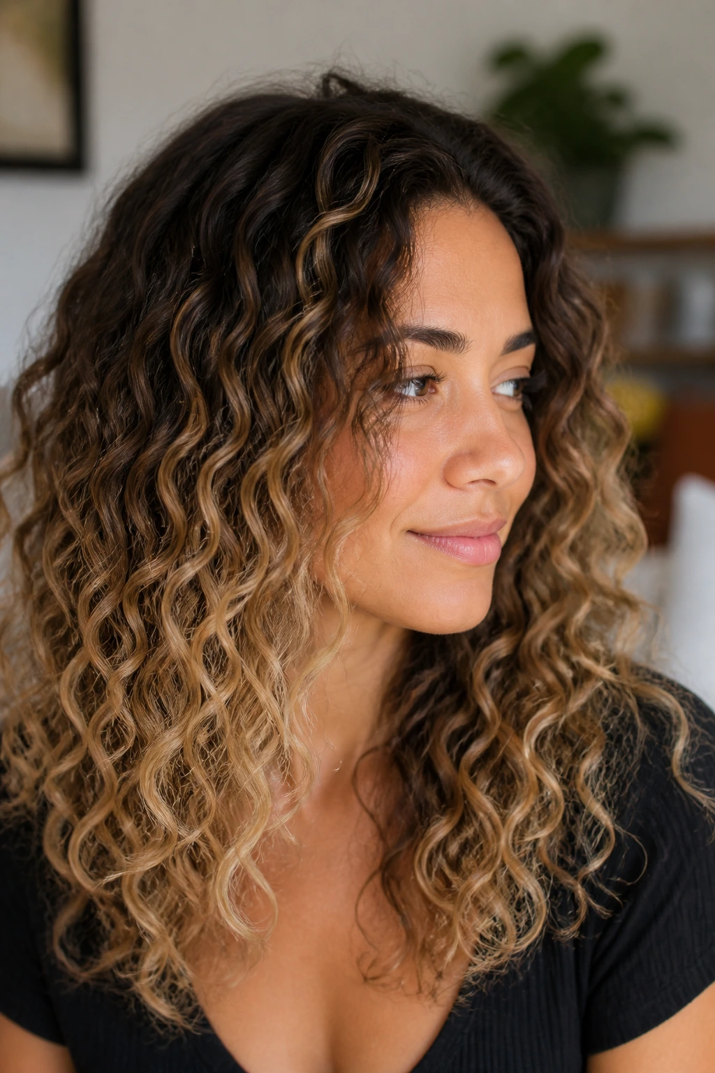 Close-up of dark curls with caramel to blonde melt