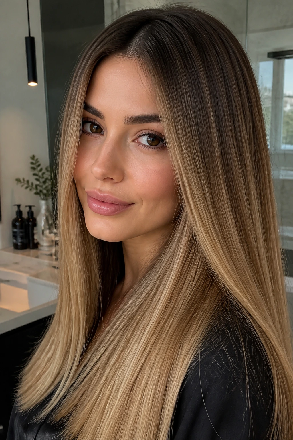 Close-up of straight hair with caramel blonde melt