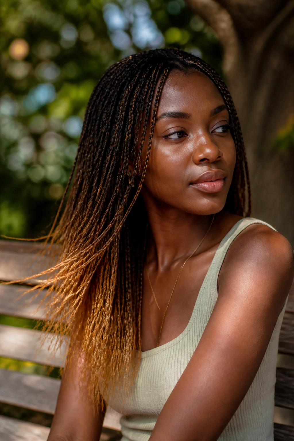 Close-up of a real person with micro braids and caramel-blonde tips