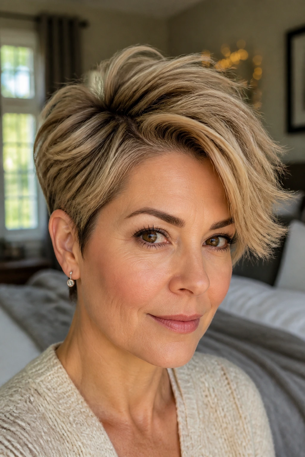Close-up of a real woman with caramel blonde pixie and side-swept volume.