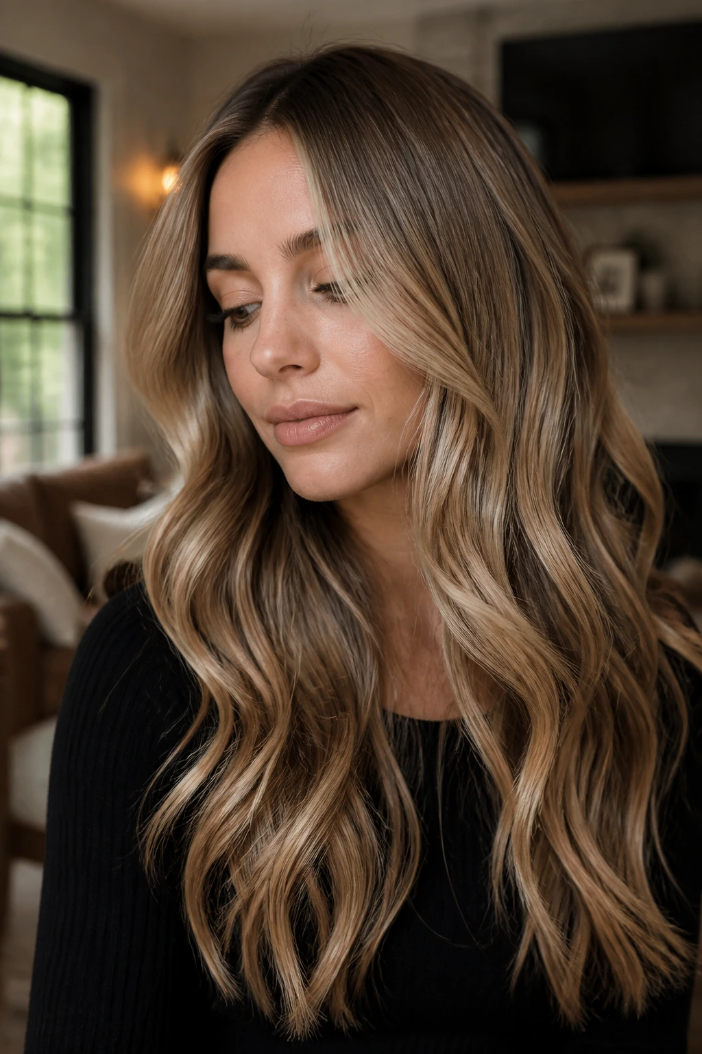 Close-up of a real woman with caramel ribbons through the ends.