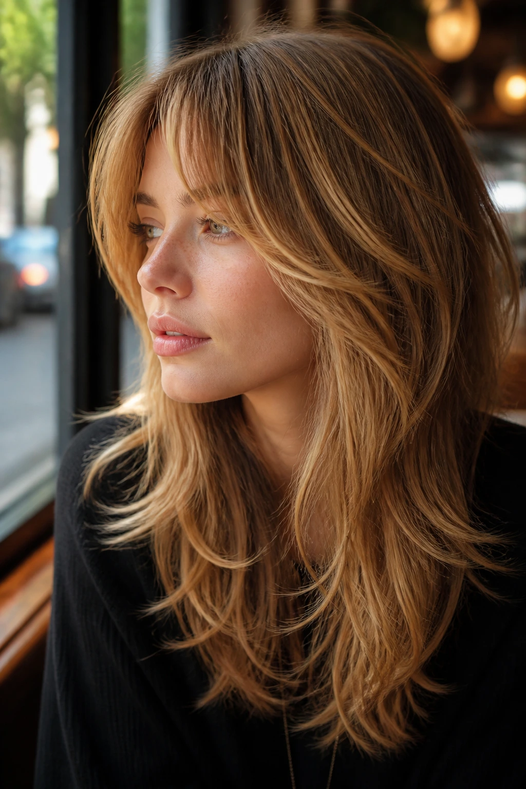 Close-up portrait of a real woman with caramel blonde feathery shag and cheekbone framing