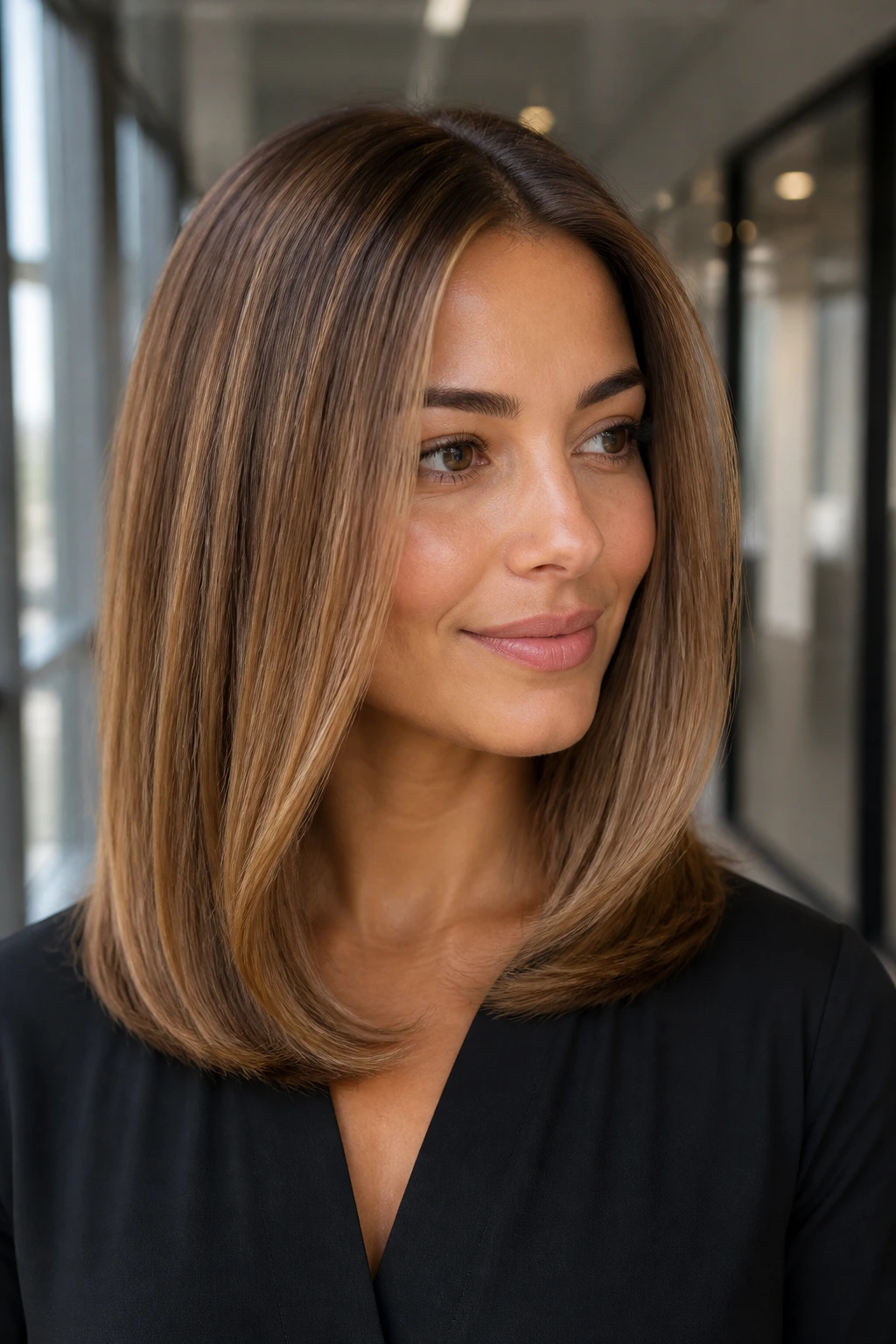 Portrait of woman with caramel sleek blowout and tucked ends