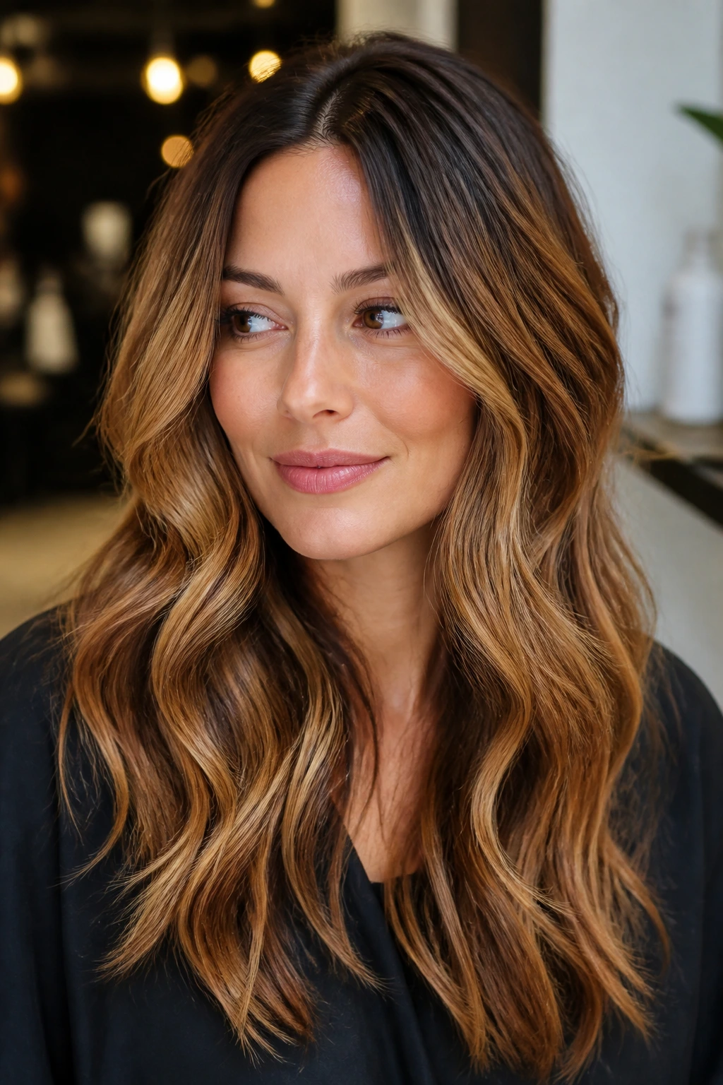 Close-up of a woman showing multi-tonal caramel blonde variations in hair