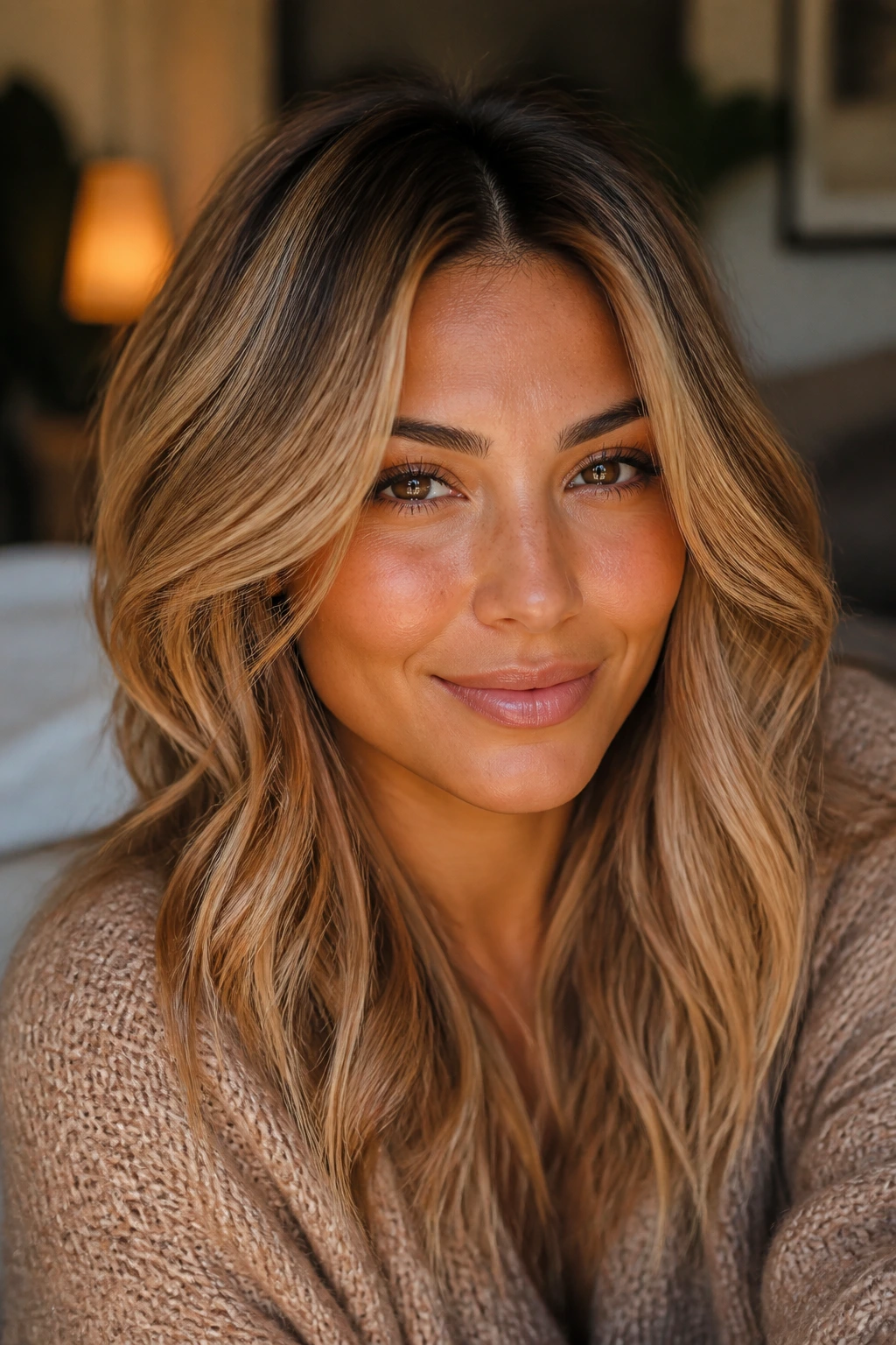Close-up portrait of a woman with warm caramel-blonde hair in a cozy room