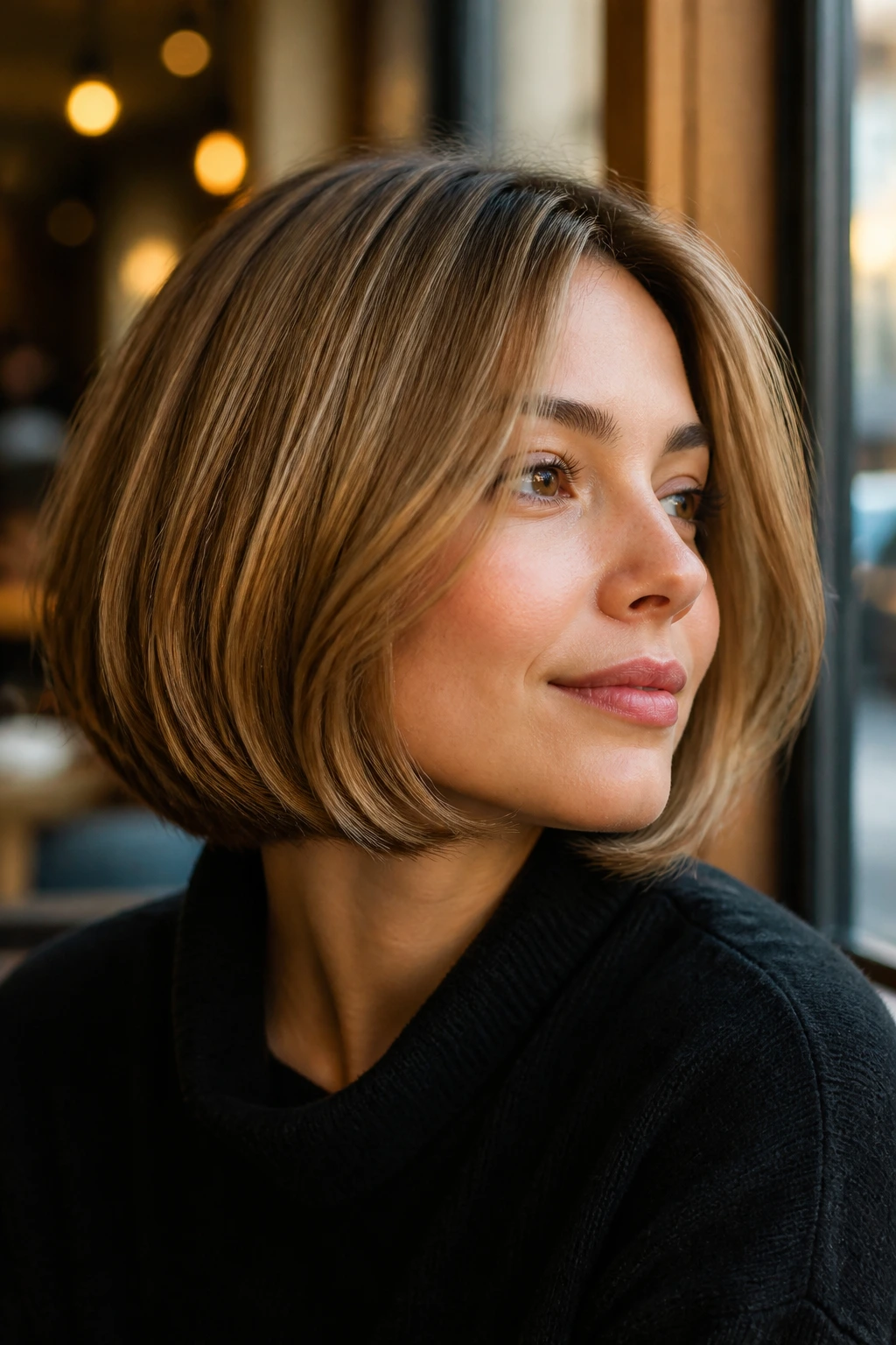 Portrait of a caramel French bob with glossy inward-bent ends.