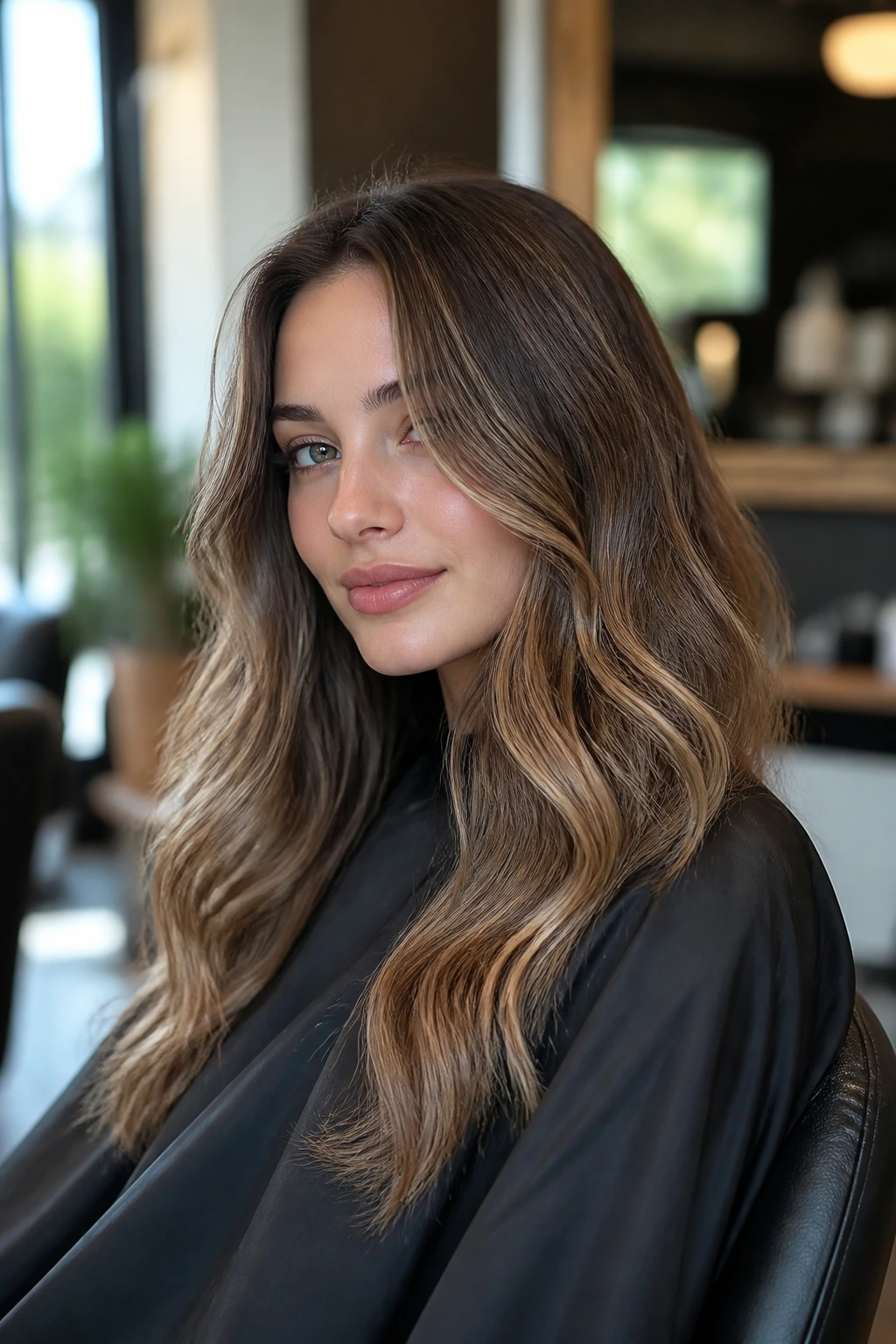 Client in salon chair with brass-free caramel hair during consultation