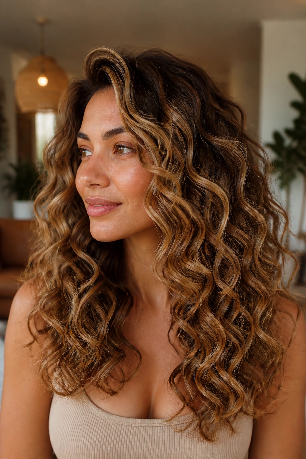 Close-up of a real woman with caramel bronde balayage curls in warm light.