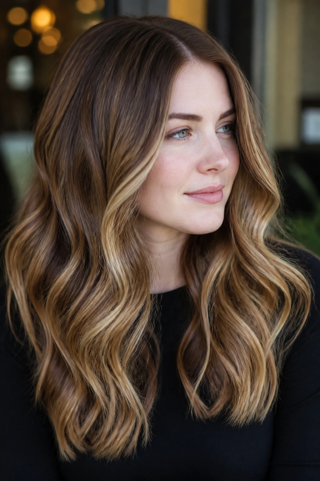 Portrait of pale-skinned woman with caramel bronde balayage in waves