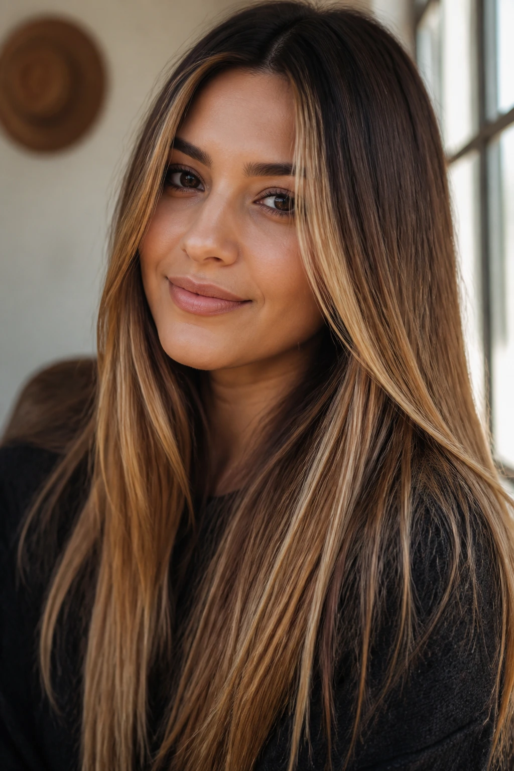 Close-up of a woman showing caramel highlight variations with bronde and honey-gold tones