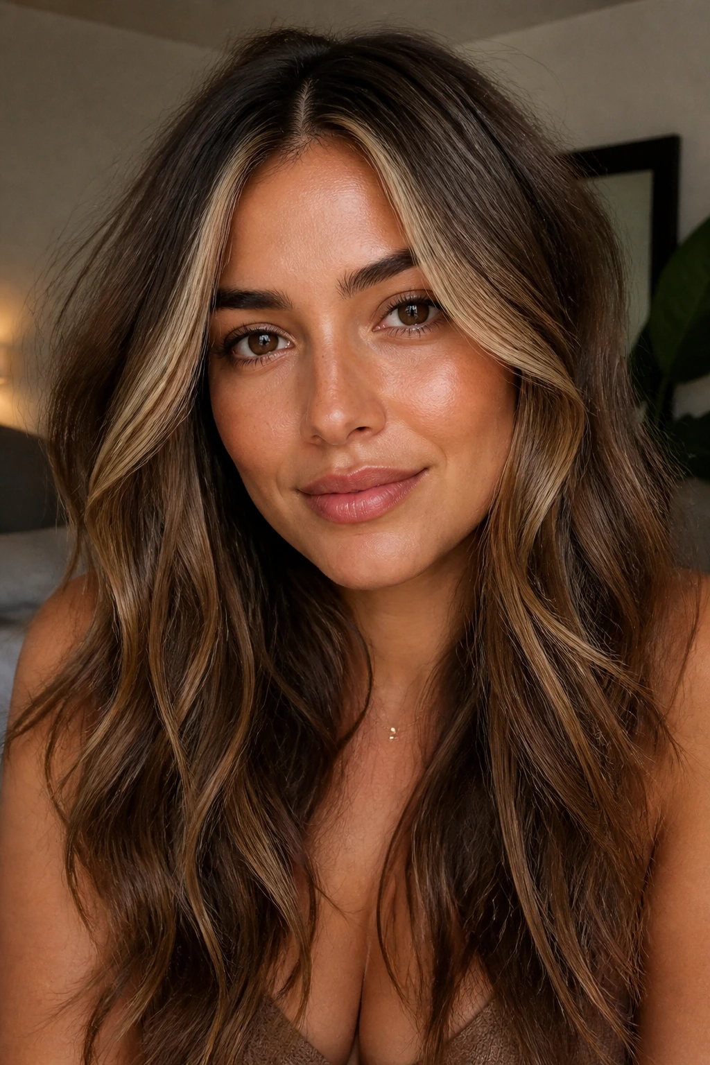 Portrait of a person with olive skin and brown eyes showing caramel bronde money pieces
