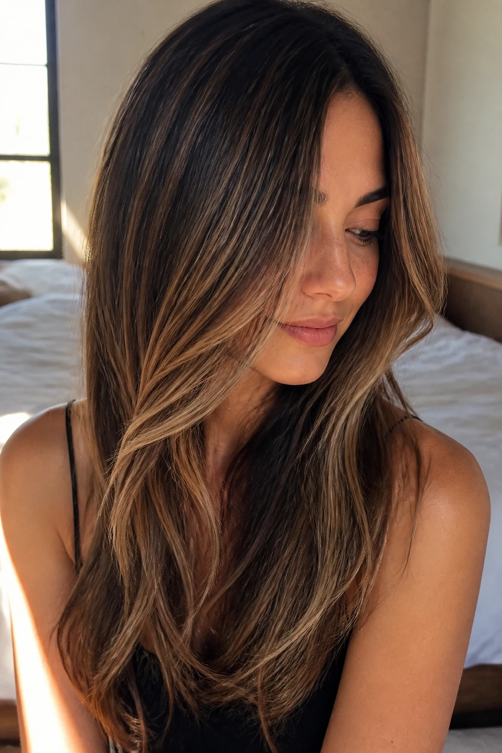 Close-up of subtle caramel-bronde shift on a real woman's long hair