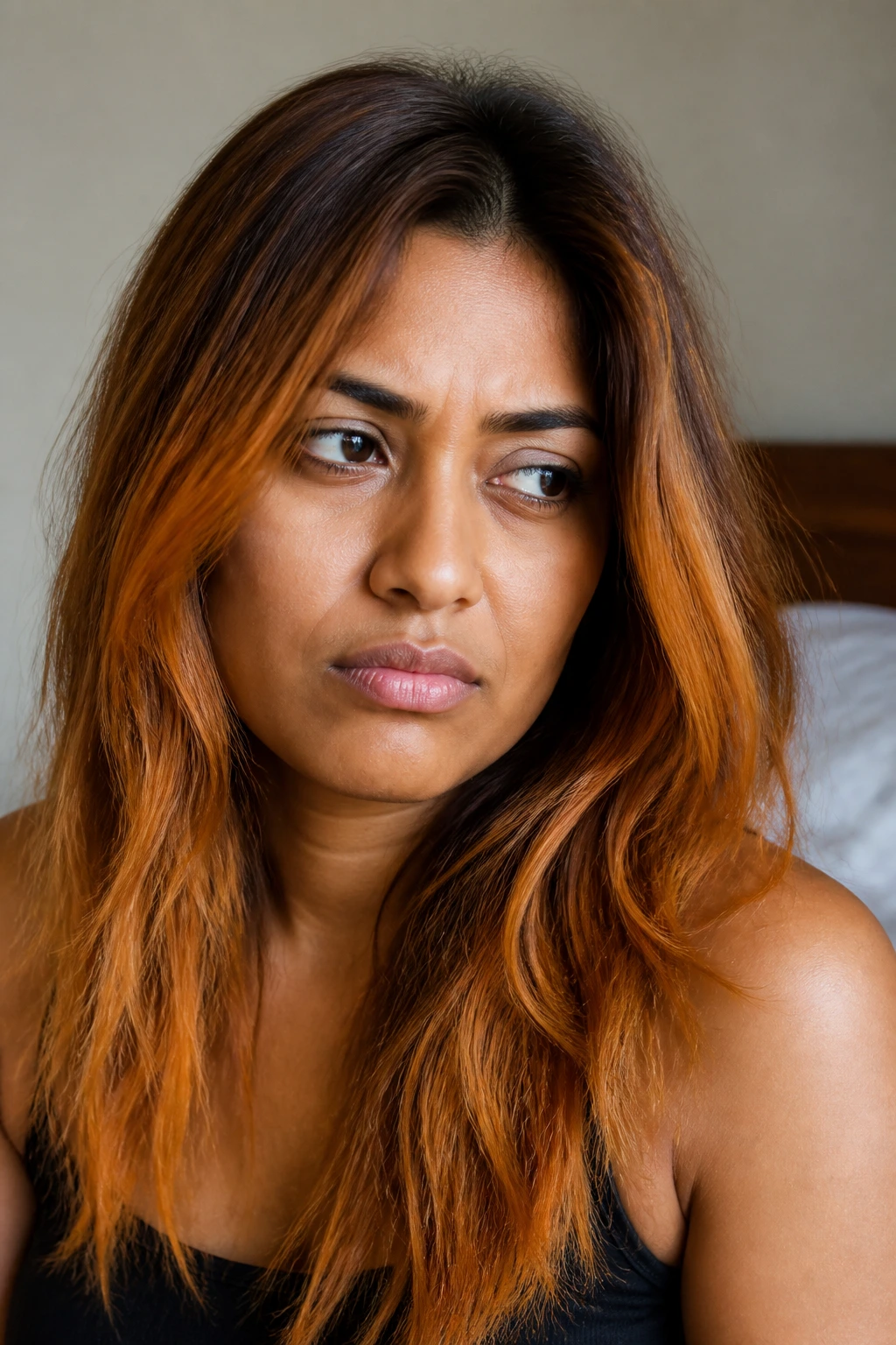 Portrait showing brassy orange caramel hair on tan skin