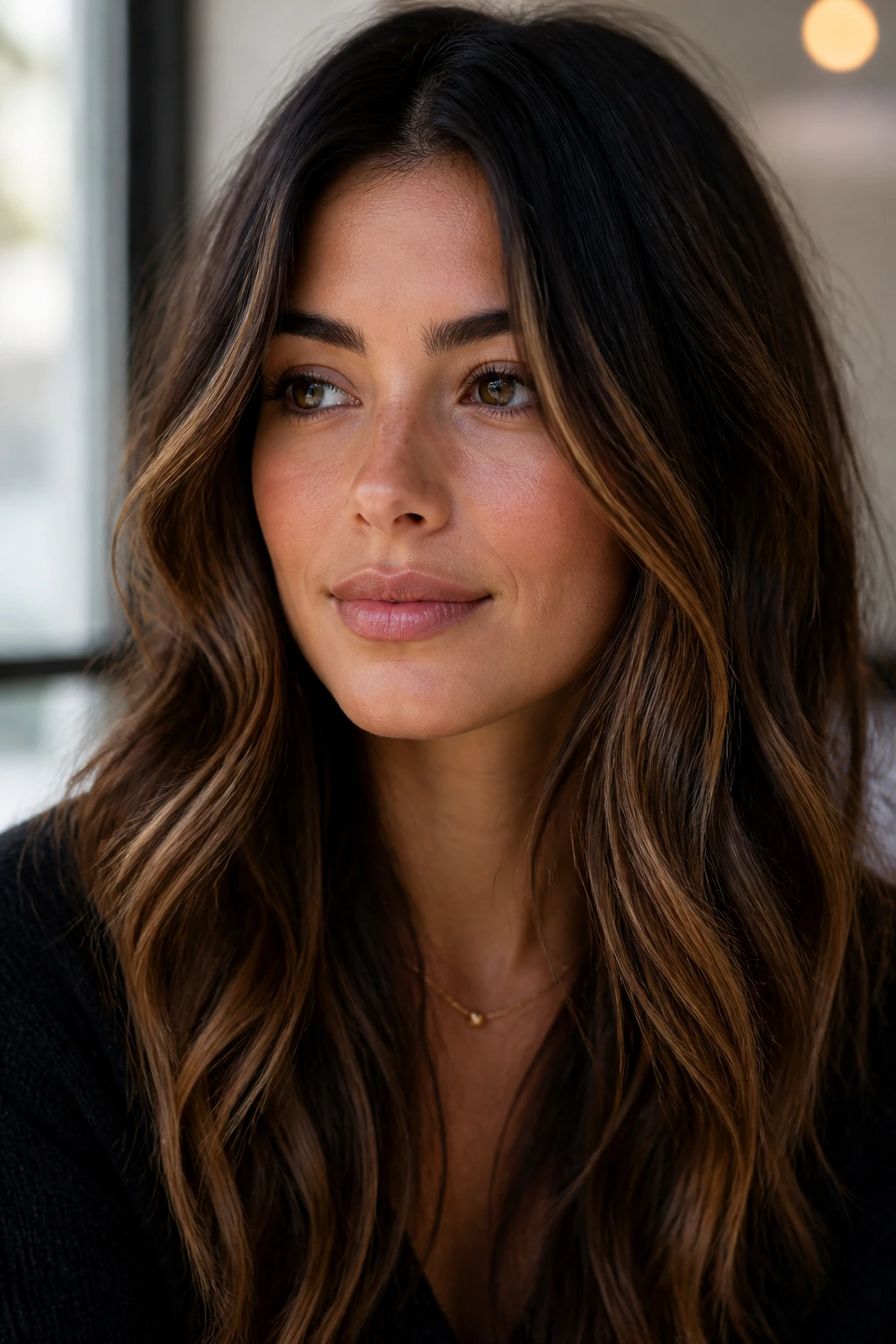 Close-up of a brunette with subtle caramel tones blending into the hair