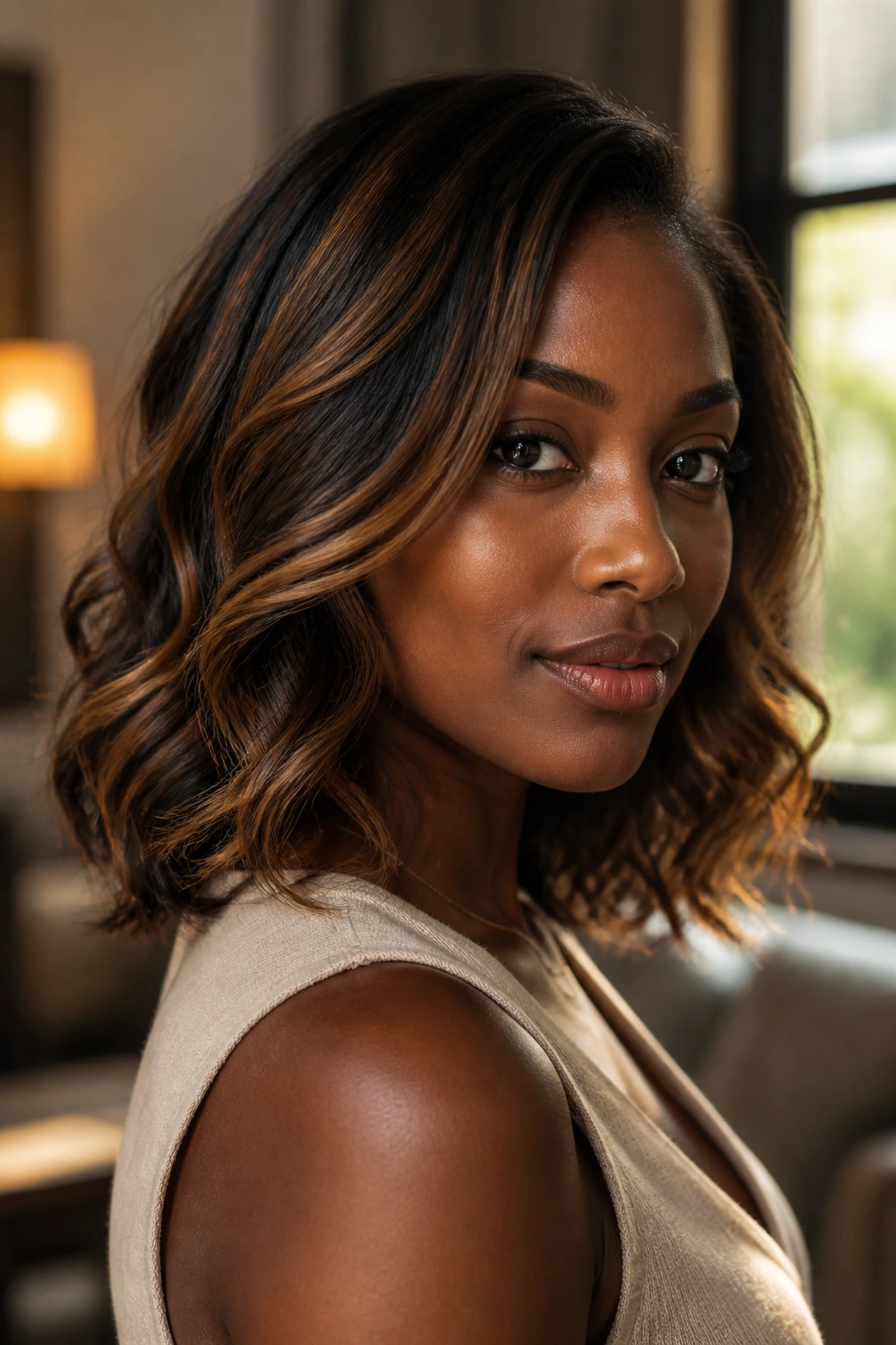 Portrait of a person with caramel brown highlights blending naturally on deep skin
