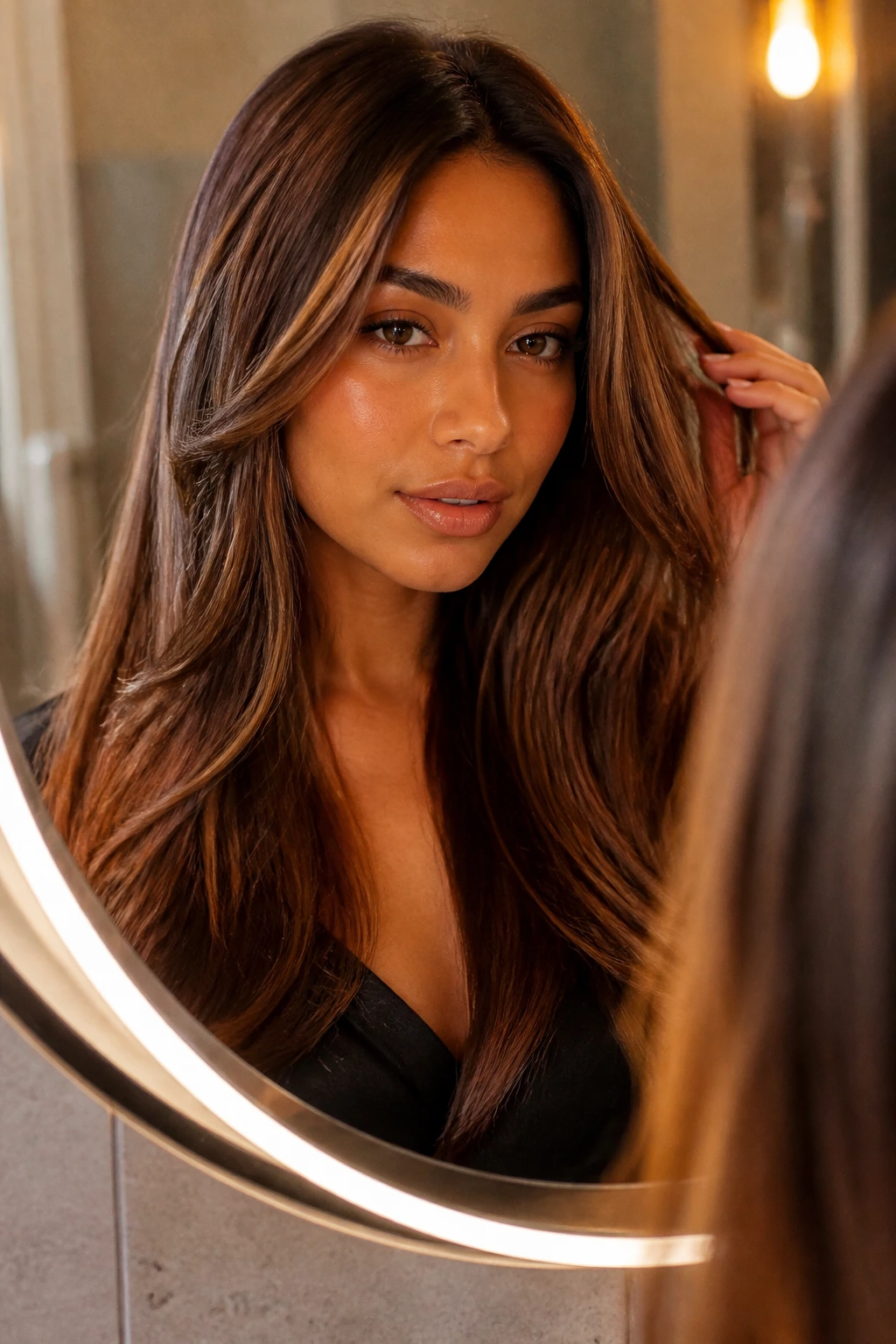 Close-up of glossy caramel brown hair with bright highlights