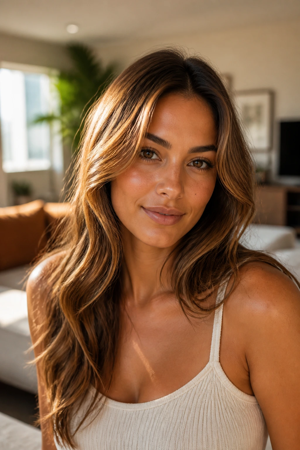 Portrait showing how caramel brown hair reads on golden tan skin with honey highlights.