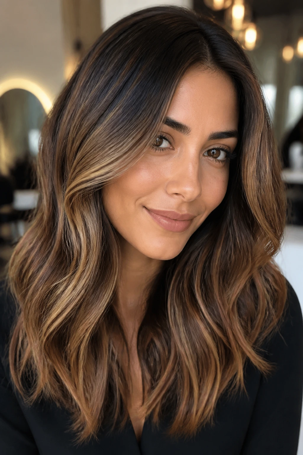 Close-up portrait of a real woman with olive skin and caramel-brown balayage