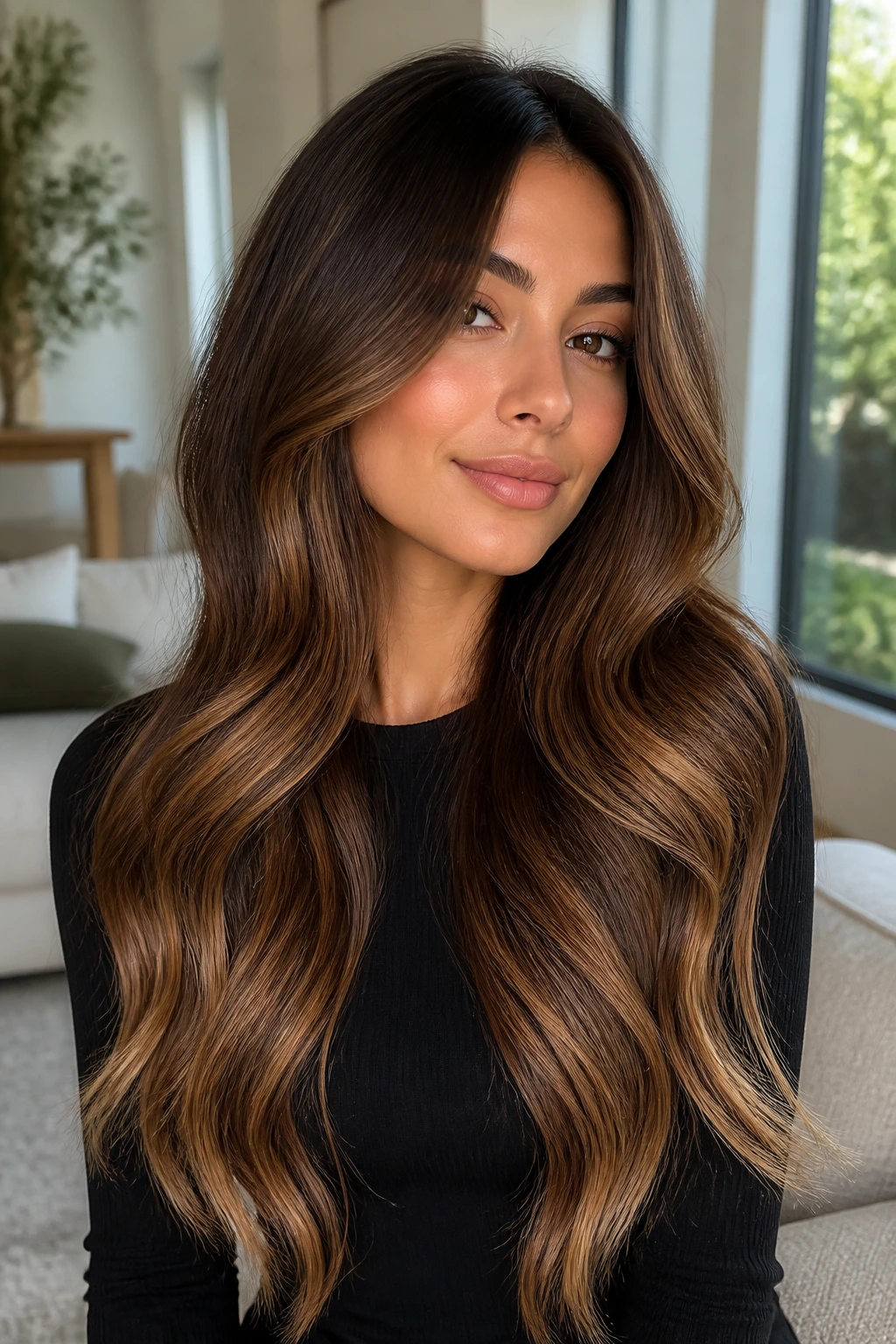 Long brunette with caramel cascade and high gloss in natural light