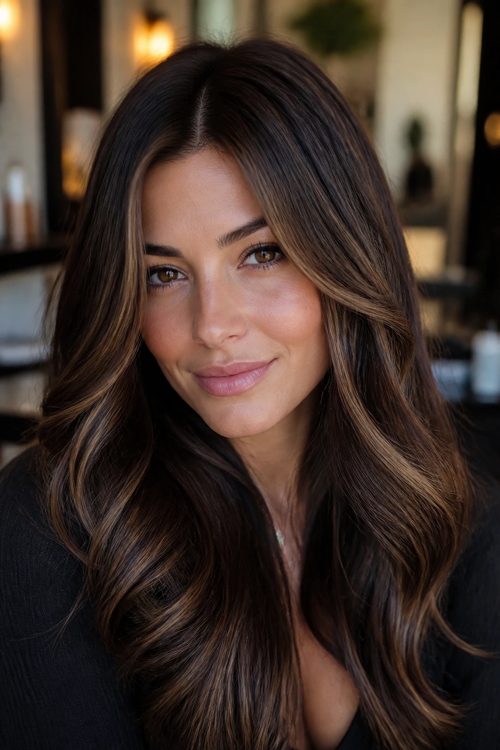 Close-up of a real woman's brunette hair with caramel highlights and glossy finish