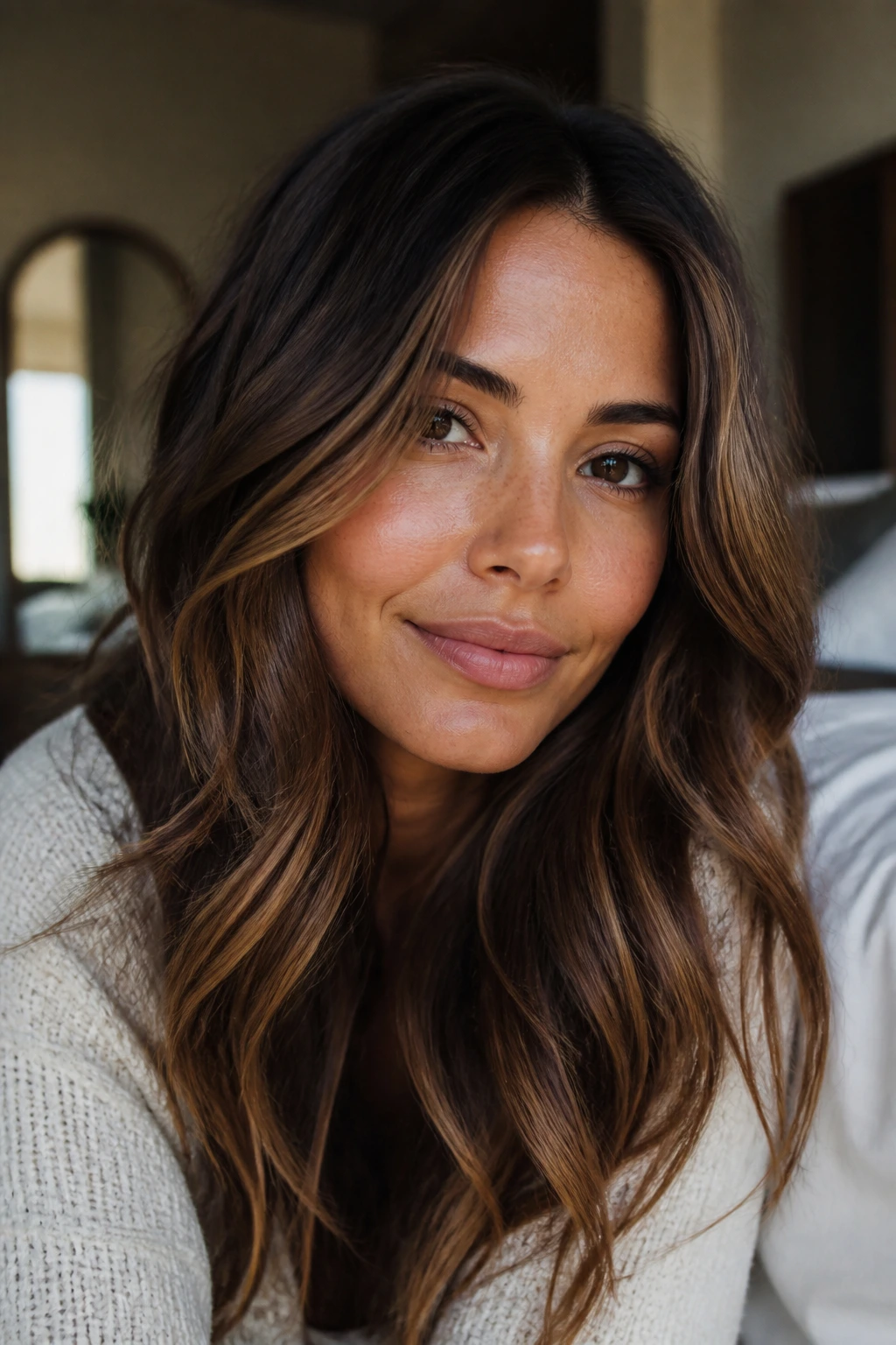 Close-up brunette with caramel brown hair, warm lighting