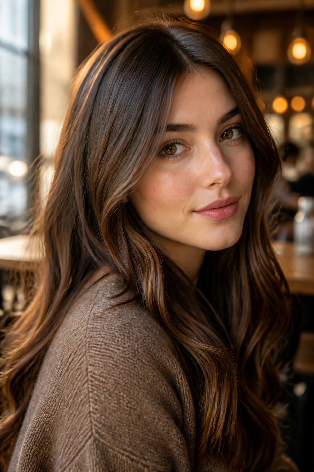 Close-up portrait of a woman with caramel brunette hair and glow highlights in a cozy cafe
