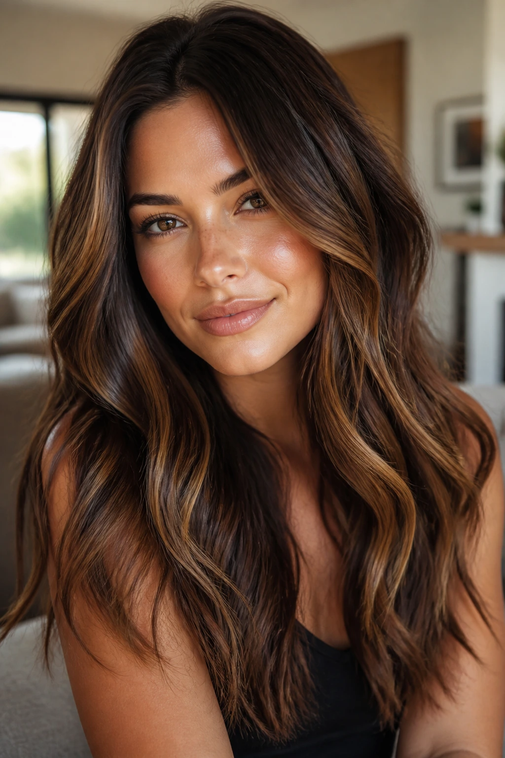 Close-up portrait of a real woman with caramel barrel brunette hair in warm living room light