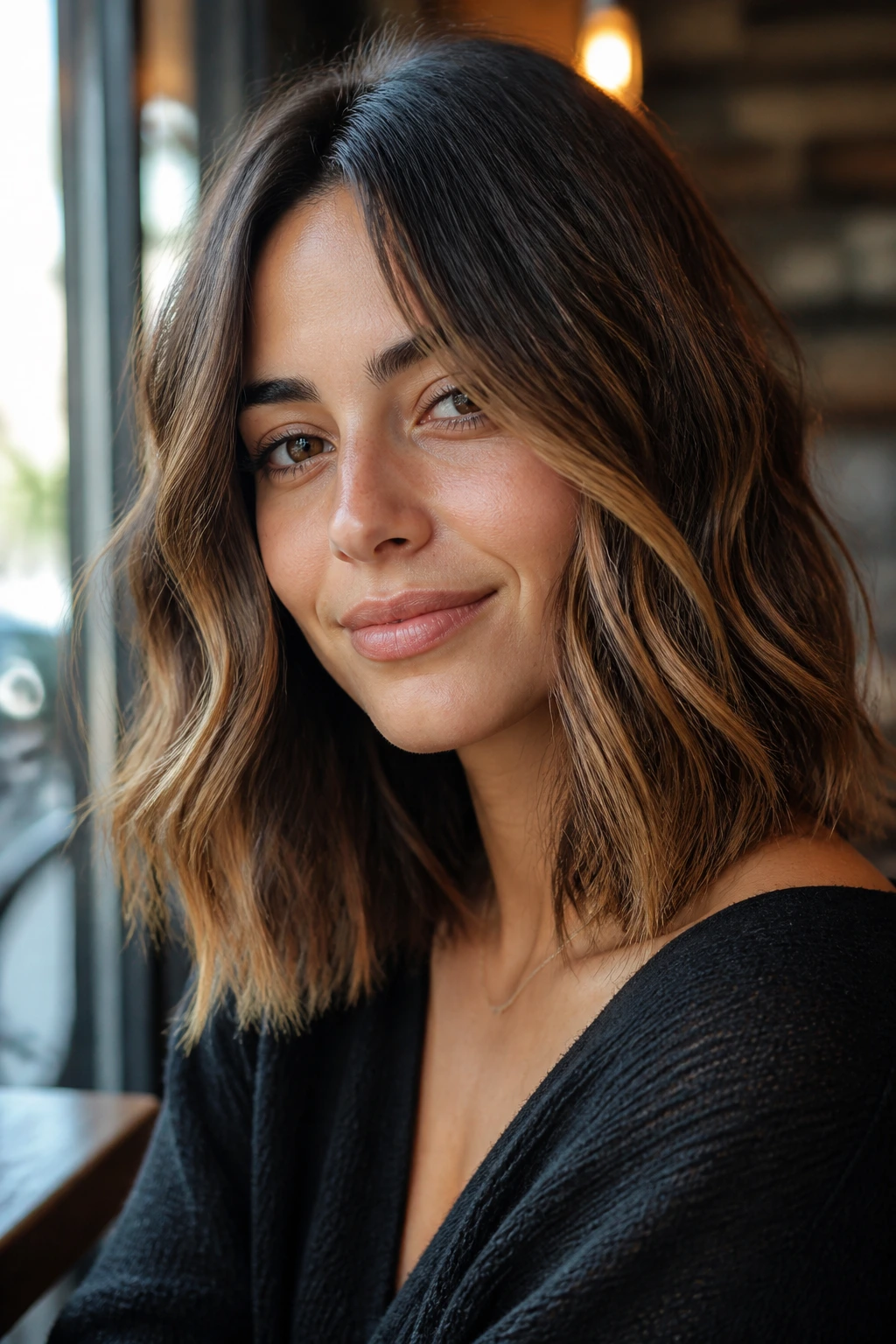 Close-up portrait of a woman with caramel-threaded brunette lob and invisible layers