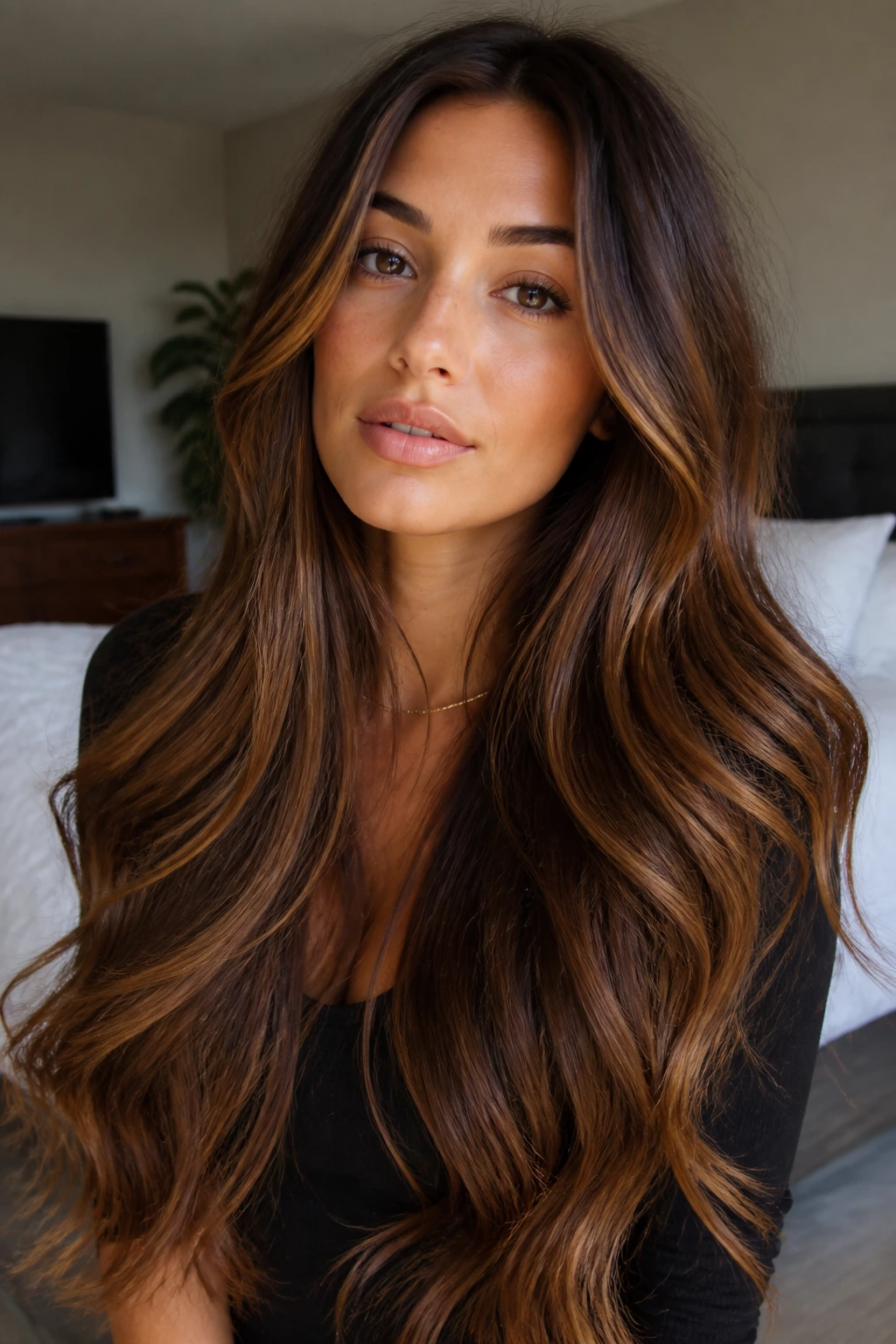 Close-up of a real woman with long brunette hair and caramel ribbons