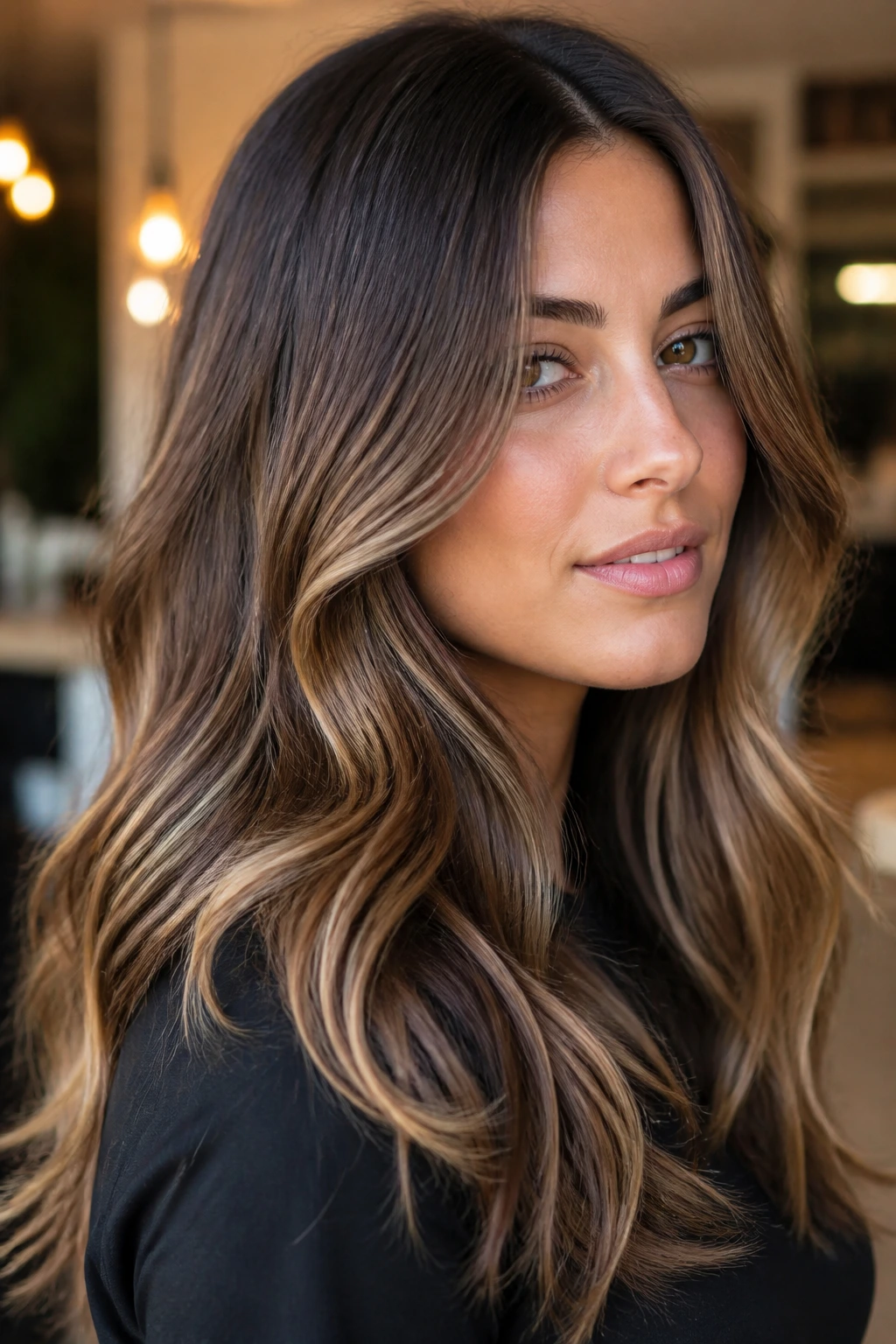 Close-up of brunette hair with caramel shades in a warm salon setting